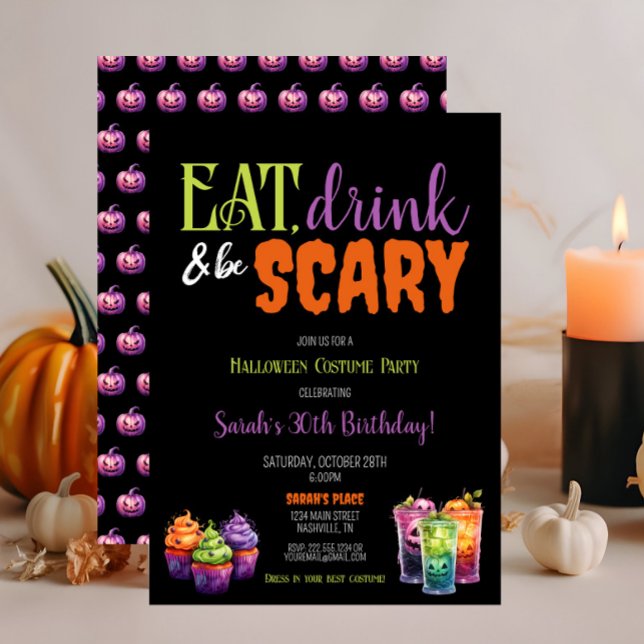 Invitación Comer, beber y tener miedo fiesta de cumpleaños de (Eat, Drink & Be Scary Halloween Party Invitation, Creepy Food & Drink Theme, Pumpkins, Purple Orange)