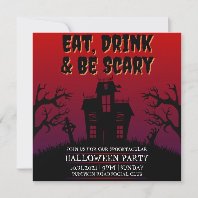 Invitación Comer, beber y tener miedo Halloween (Reverso)