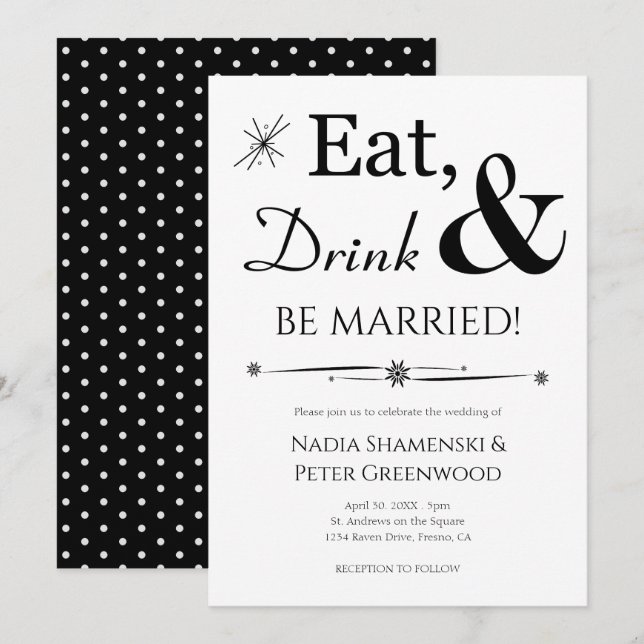 Invitación Comer bebida Casar Boda Retro Blanco Negro (Anverso / Reverso)