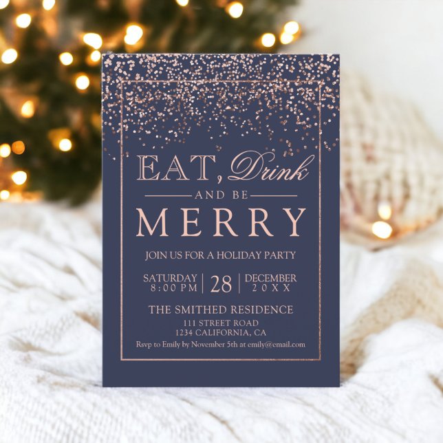 Invitación Comer bebida ser feliz rosa de vacaciones azul mar (Eat drink be merry Holiday rose gold navy blue Invitation)