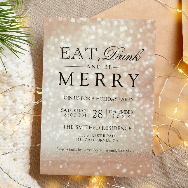 Invitación Comer bebida ser feliz rosa de vacaciones purpurin (Eat drink be merry Holiday rose gold glitter bokeh Invitation)