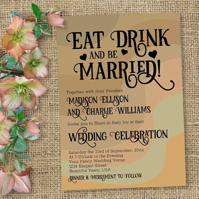 Invitación Comer bebida y casarse Boda retro de Earthtone (In Situ with Flowers)