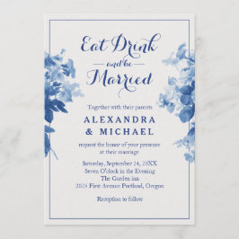 Invitación Comer Bebida Y Casarse Con Flor Floral Azul Modern