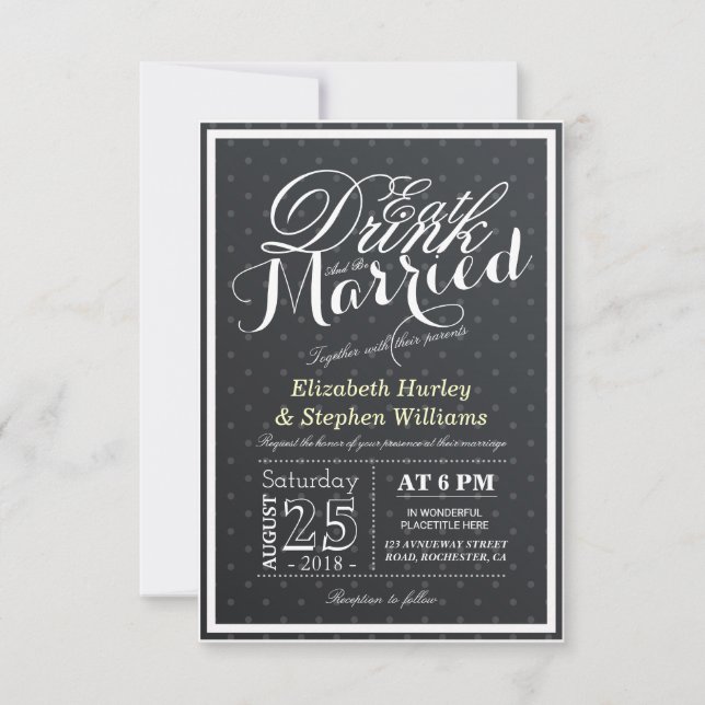 Invitación Comer bebida y casarse con puntos de polka blancos (Anverso)