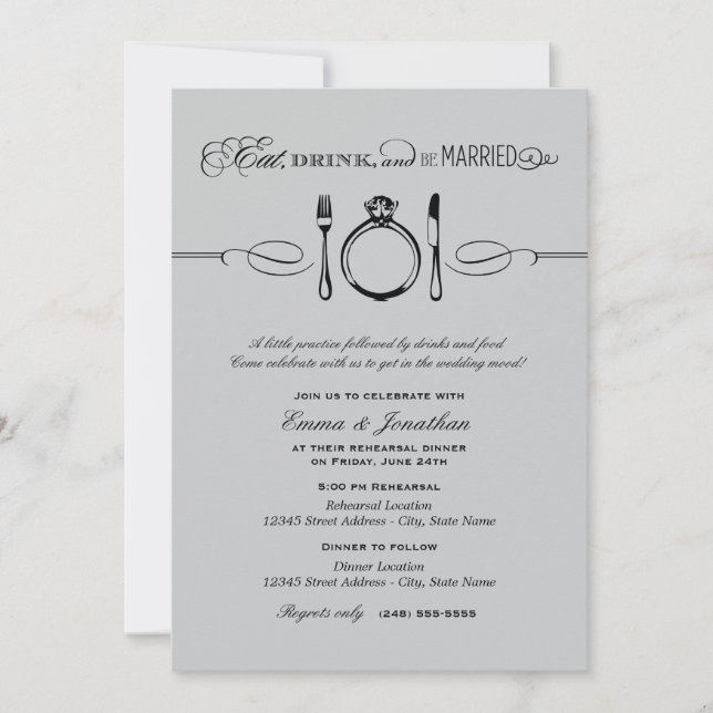 Invitación Comer bebida y estar casada con plata ensayo Cena (Anverso)