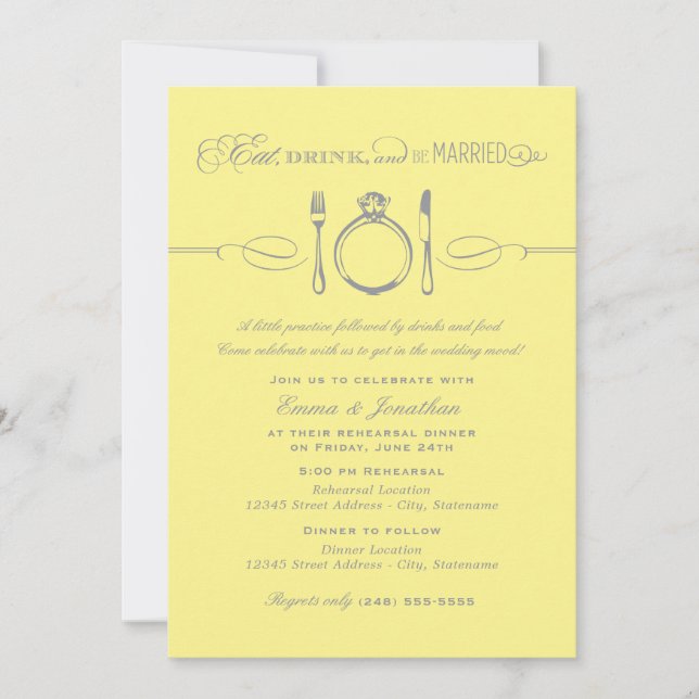 Invitación Comer bebida y estar casada con un ensayo amarillo (Anverso)