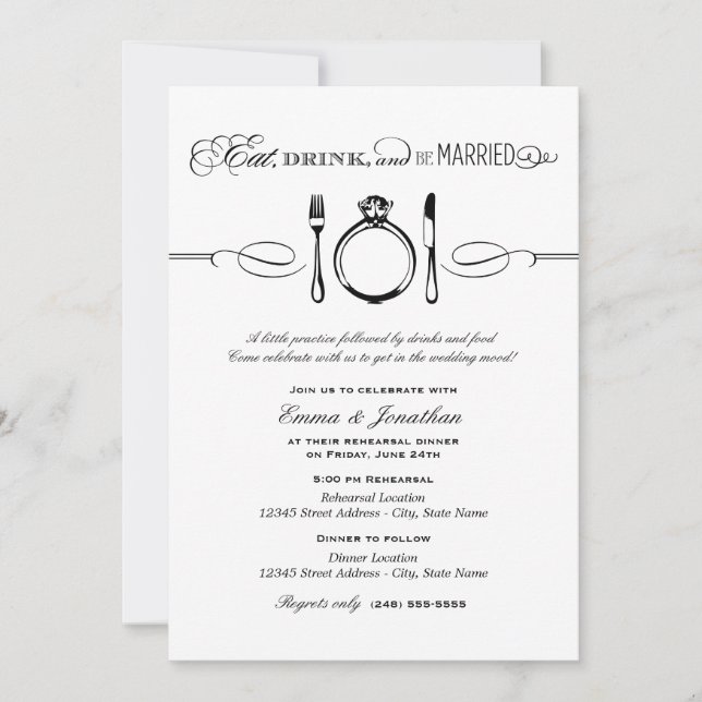 Invitación Comer bebida y estar casado negro ensayar la cena (Anverso)