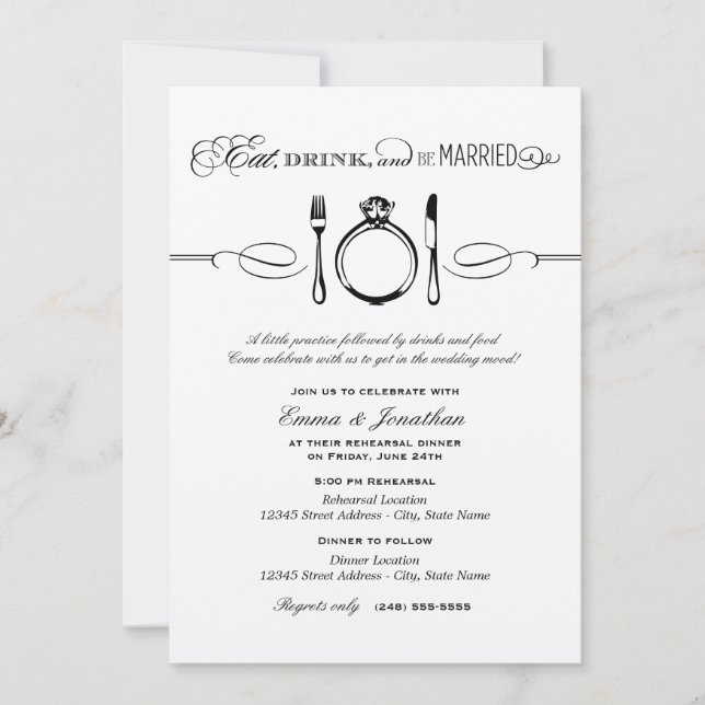 Invitación Comer bebida y estar casado negro ensayar la cena (Anverso)