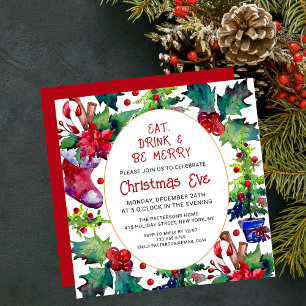 Invitación Comer bebida y ser feliz Nochebuena floral