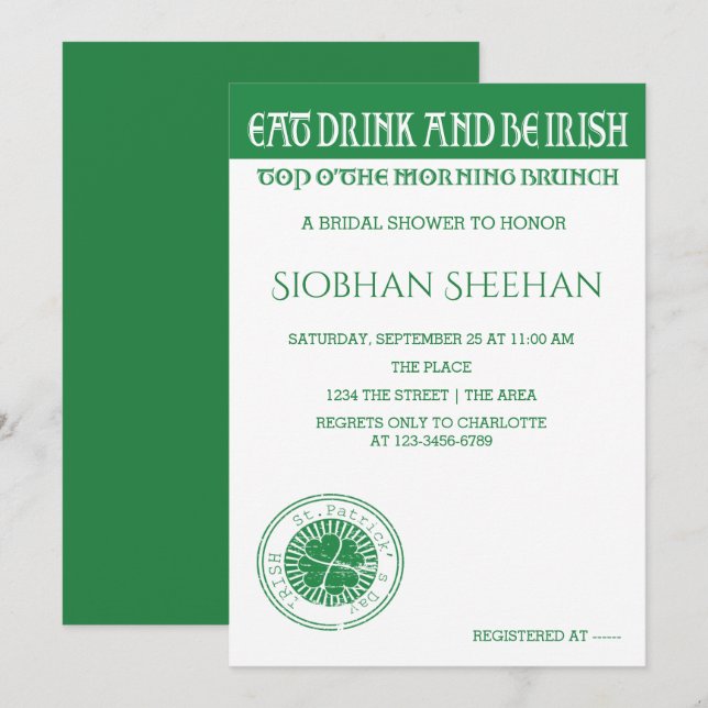 Invitación Comer Bebida Y Ser Irlandés Brunch Mañana (Anverso / Reverso)