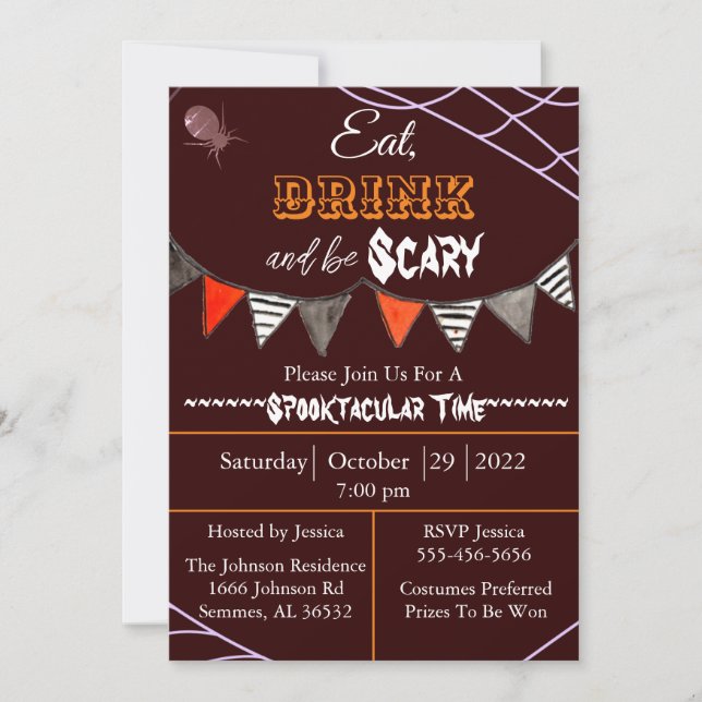 Invitación Comer bebida y ser una fiesta de Halloween aterrad (Anverso)