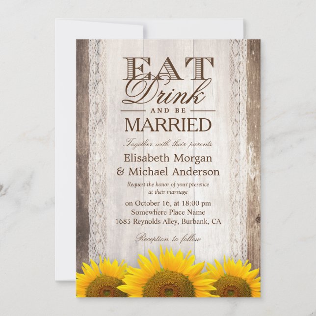 Invitación Comer y casarse con un girasol de madera rústica (Anverso)