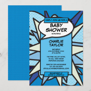 Invitación Comic azul divertido moderno de Baby Shower Boy