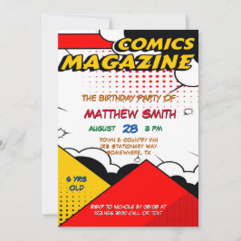 Invitación Comic Book Magazine Style Kids Birday Fiesta