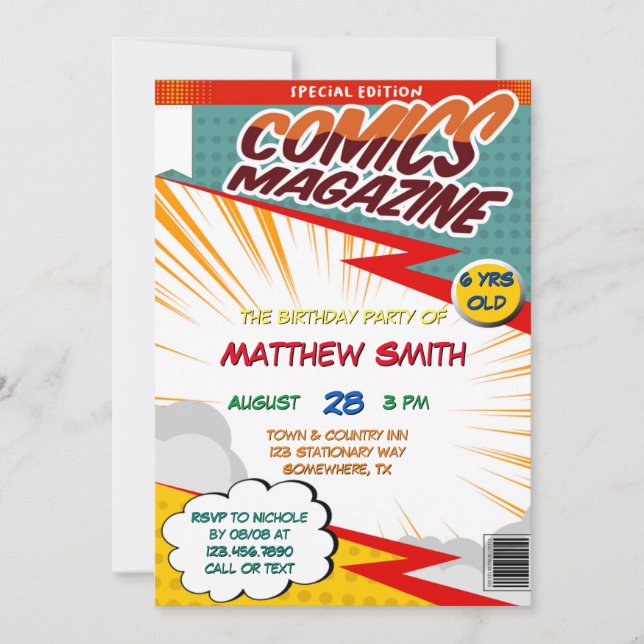 Invitación Comic Book Magazine Style Kids Birday Fiesta (Anverso)