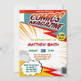 Invitación Comic Book Magazine Style Kids Birday Fiesta
