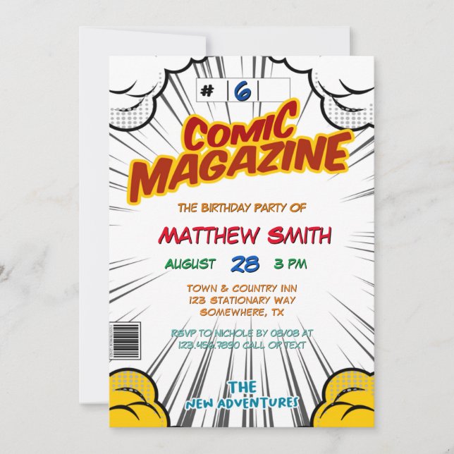 Invitación Comic Book Magazine Style Kids Birday Fiesta (Anverso)