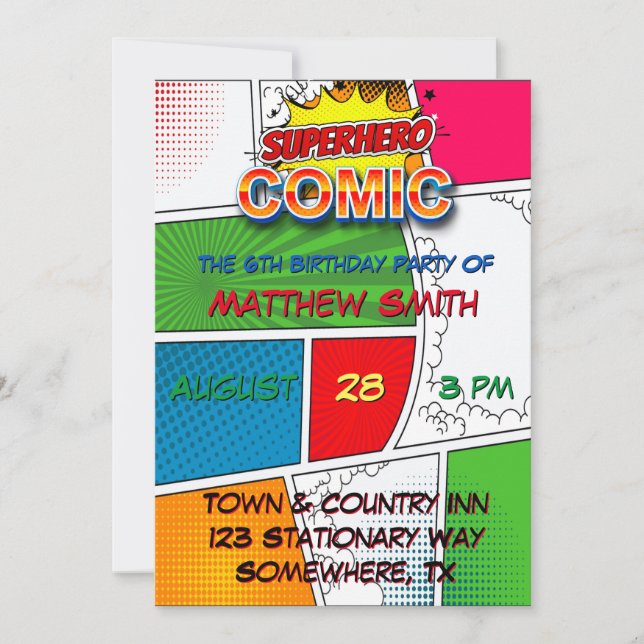 Invitación Comic Book Magazine Style Kids Birday Fiesta (Anverso)