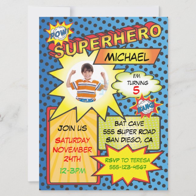 Invitación Comic Book Superhero Foto Insertar fiesta de cumpl (Anverso)