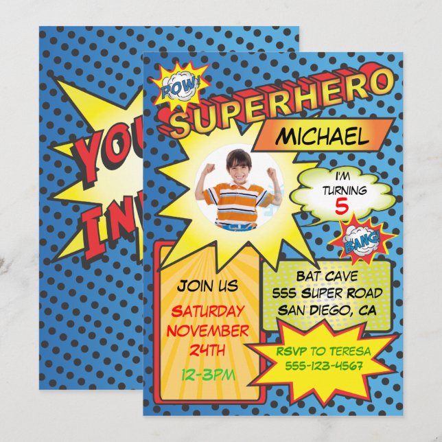 Invitación Comic Book Superhero Foto Insertar fiesta de cumpl (Anverso / Reverso)