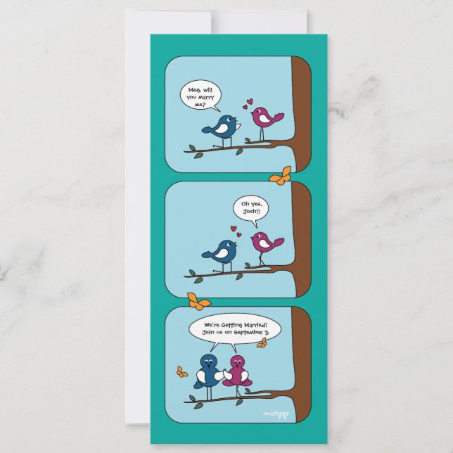 Invitación Comic Strip Love Birds Save the Date Boda Card (Anverso)