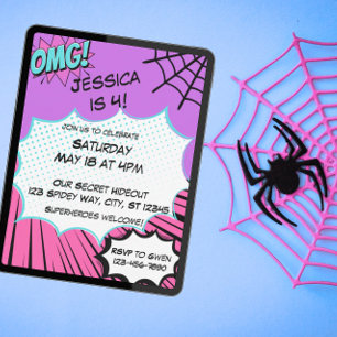 Invitación Comic web rosa y morado Cumpleaños