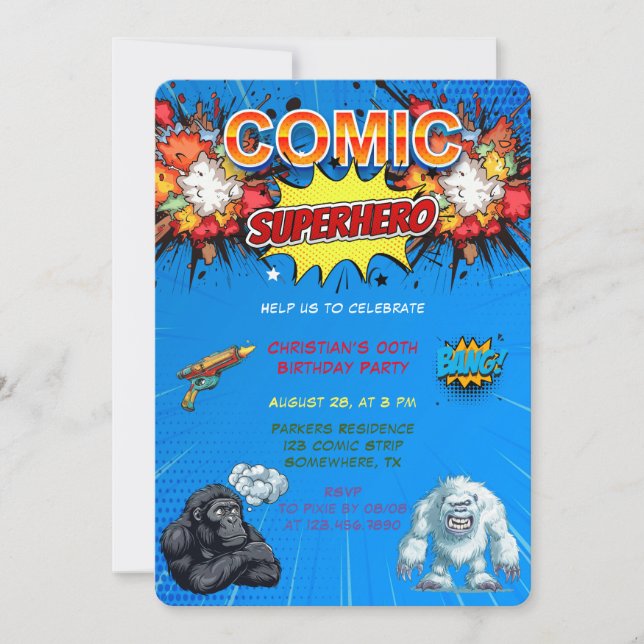 Invitación Cómico Superhéroe Beast Blue 00th Birthday Party (Anverso)