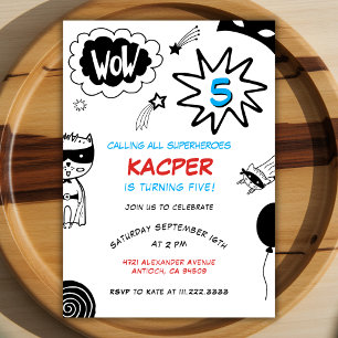 Invitación Cómics de Superhéroes Dibujados a Mano Negros Cump