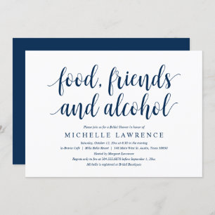 Invitación Comida, amigos y alcohol, moderna ducha de novia e