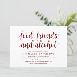 Invitación Comida, amigos y alcohol, moderna ducha de novia e