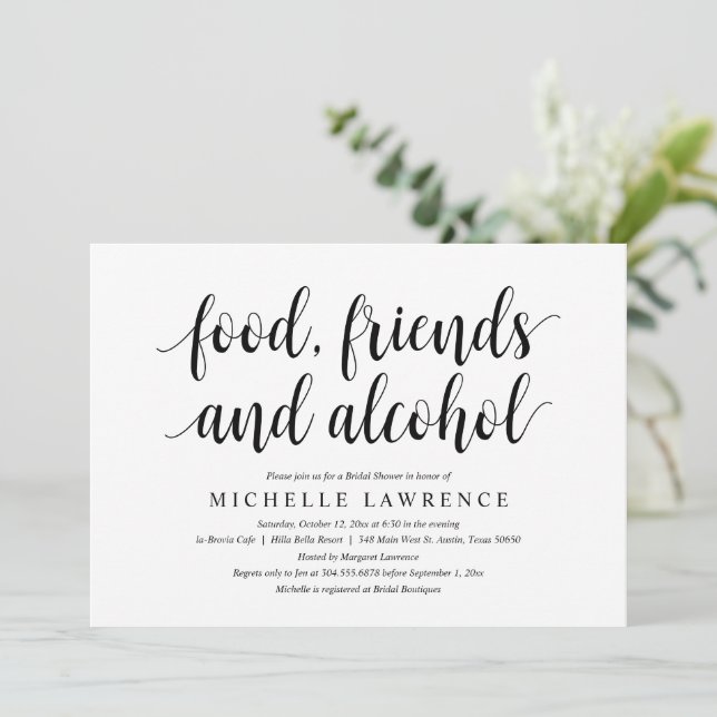 Invitación Comida, amigos y alcohol, moderna ducha nupcial (Anverso de pie)