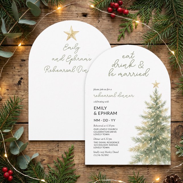 Invitación Comida Bebida Cena de Ensayo de Navidad del Arco d (Christmas Tree wedding rehearsal dinner arch shape invitation by Darling & May)