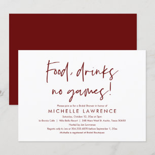 Invitación Comida, bebidas, sin juegos, Fiesta de ducha de no