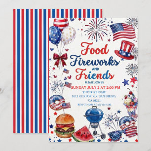Invitación Comida de barbacoa del 4 de julio y fuegos artific