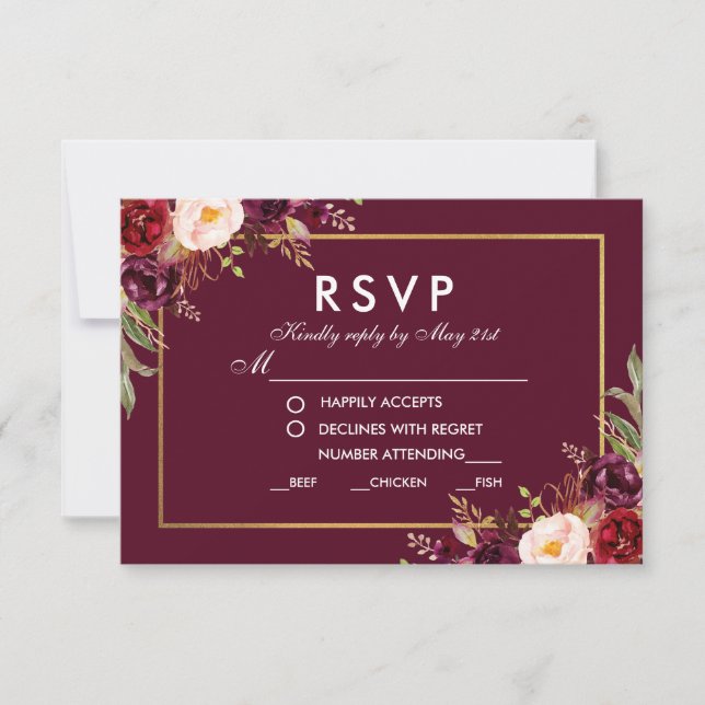 Invitación Comida de Boda de Borgoña Floral RSVP BG Meal (Anverso)