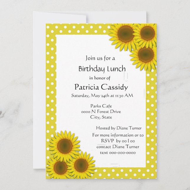 Invitación Comida de Brithday por el girasol amarillo y la po (Anverso)