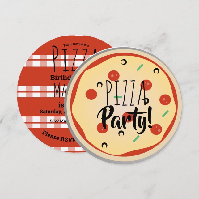 Invitación Comida de cumpleaños con mezcla de pizza a cuadros (Anverso / Reverso)