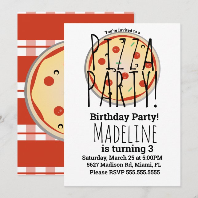 Invitación Comida de cumpleaños con mezcla de pizza Plaid Roj (Anverso / Reverso)