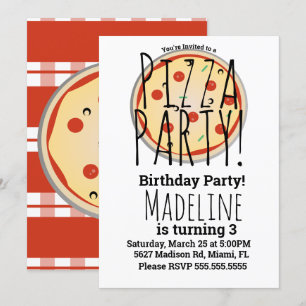 Invitación Comida de cumpleaños con mezcla de pizza Plaid Roj