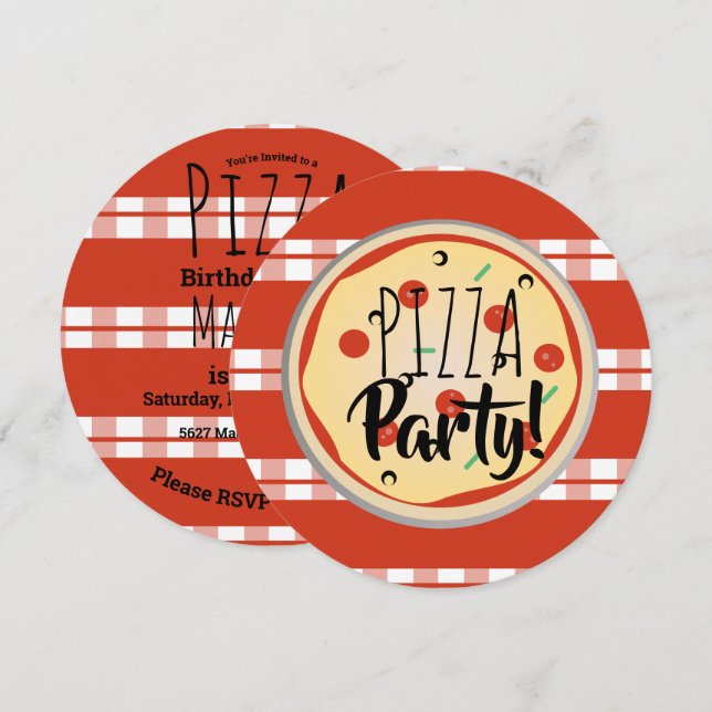 Invitación Comida de cumpleaños con mezcla de pizza Plaid Roj (Anverso / Reverso)
