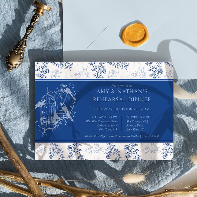 Invitación Comida de estilo chino romántico Boda para la cena (Blue Wedding Rehearsal Dinner Invitation from the Chinoiserie Wedding Collection by Darling & May)