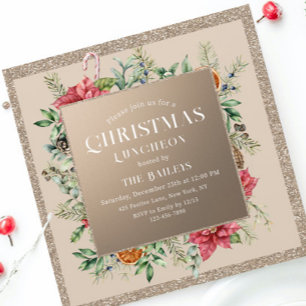 Invitación Comida de Navidad Champán Brillo Flor de Pascua