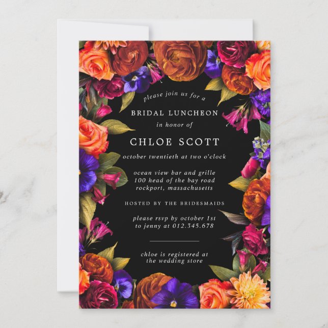 Invitación Comida de novia floral de Naranja morado rojo borg (Anverso)