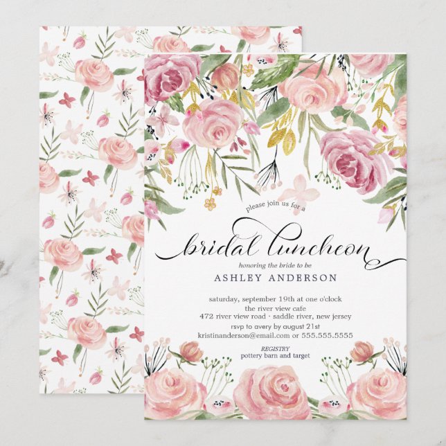 Invitación Comida de novia floral rosa de Rubor (Anverso / Reverso)