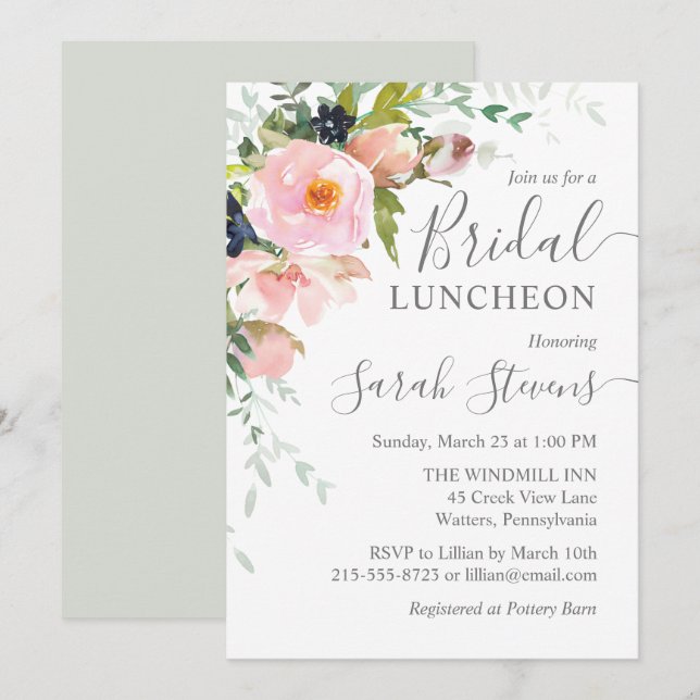Invitación Comida de novia floral rosa y gris de Rubor (Anverso / Reverso)