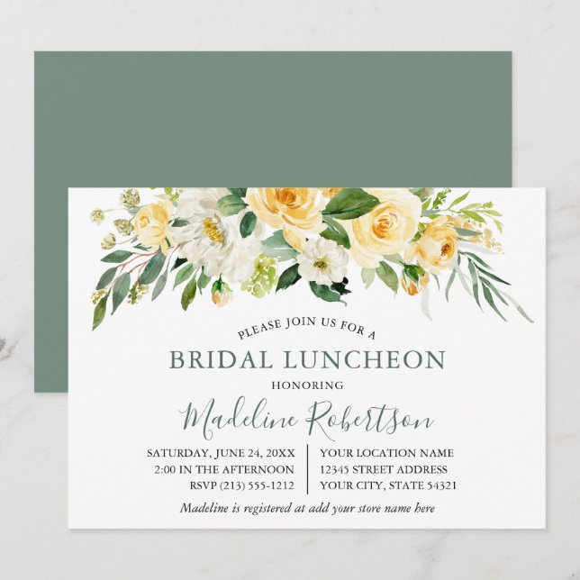 Invitación Comida de novia verde azulada floral amarillo colo (Anverso / Reverso)