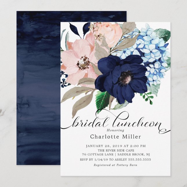 Invitación Comida de novias con flores azules de la marina y  (Anverso / Reverso)