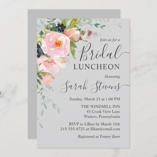 Invitación Comida de novios con el Bouquet floral rosa y gris (Anverso / Reverso)