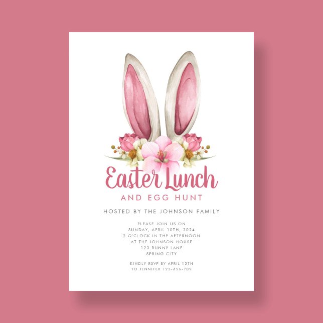 Invitación Comida de Pascua de Abundancia con flores (Cute Floral Bunny Ears Easter Lunch Invitation)