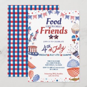 Invitación Comida del Cuatro de Julio, Amigo y Fuegos Artific